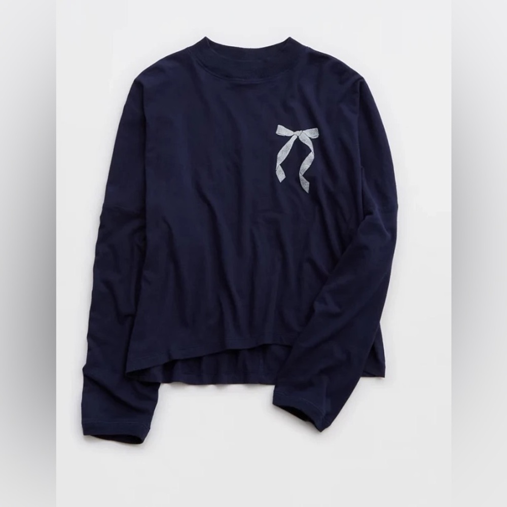 Aerie Women’s Navy Blue Cozy Long Sleeve Mockneck T-Shirt with Bow Print, Medium - Picture 5 of 12